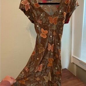 Butterfly Print Brown Dress - 90s Vintage